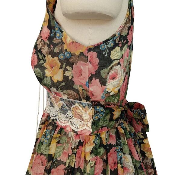 Gunne Sax Black Floral Corset Maxi Dress Size 13 Vintage 70s Prairie Roses Lace - Picture 11 of 15